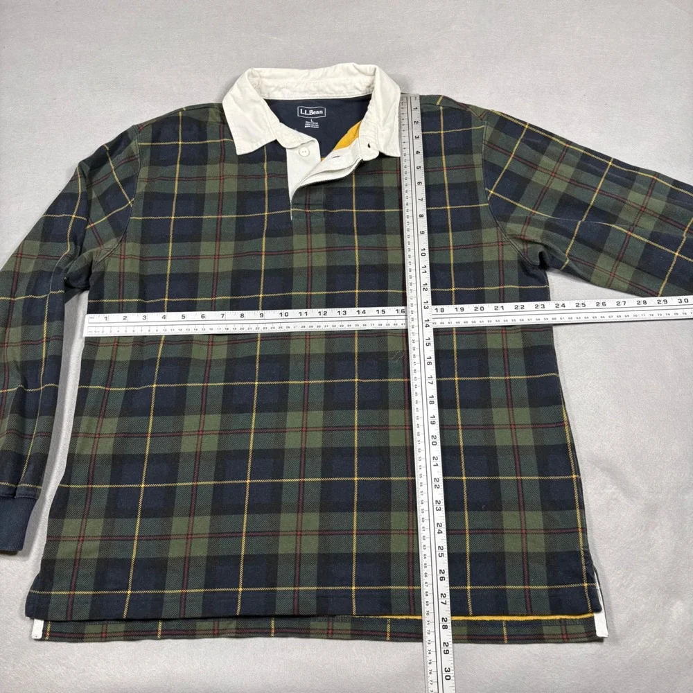 LL Bean Mens Large Green Plaid Long Sleeve Rugby Shirt Cotton 278155